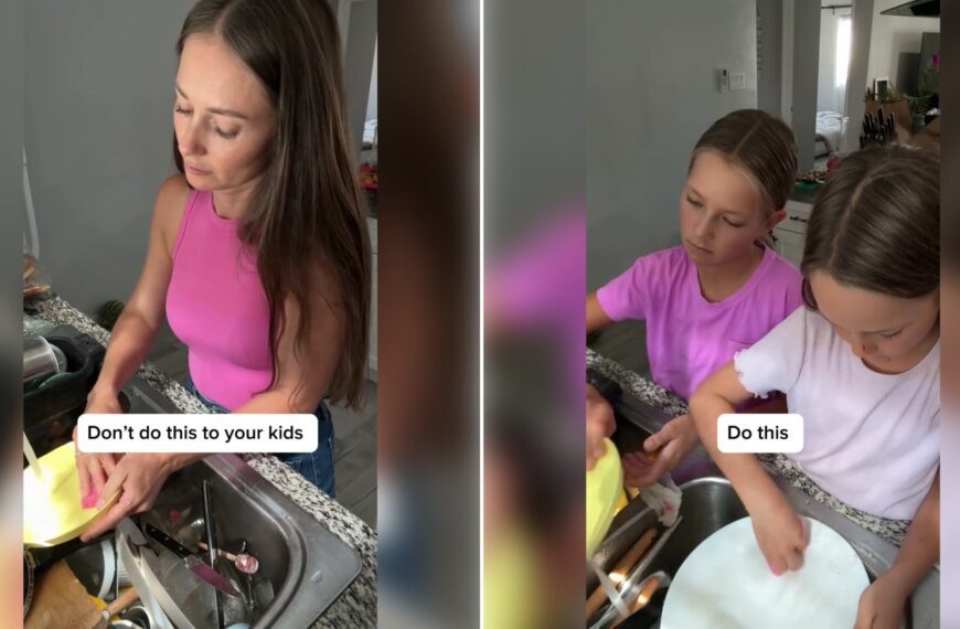 Two moments from an Instagram reel: a mom washing dishes while her kids play nearby, then two kids helping wash dishes.