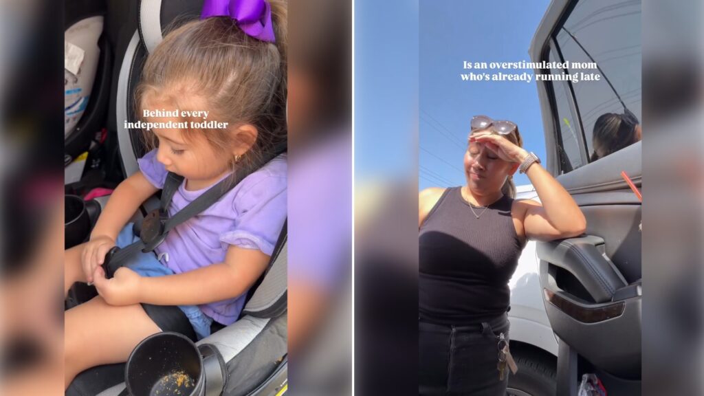 Two moments from an Instagram reel: a toddler buckling her own car seat straps, then her mom waiting at the car door.