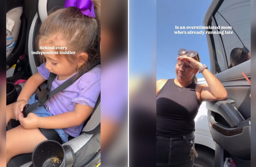 Two moments from an Instagram reel: a toddler buckling her own car seat straps, then her mom waiting at the car door.