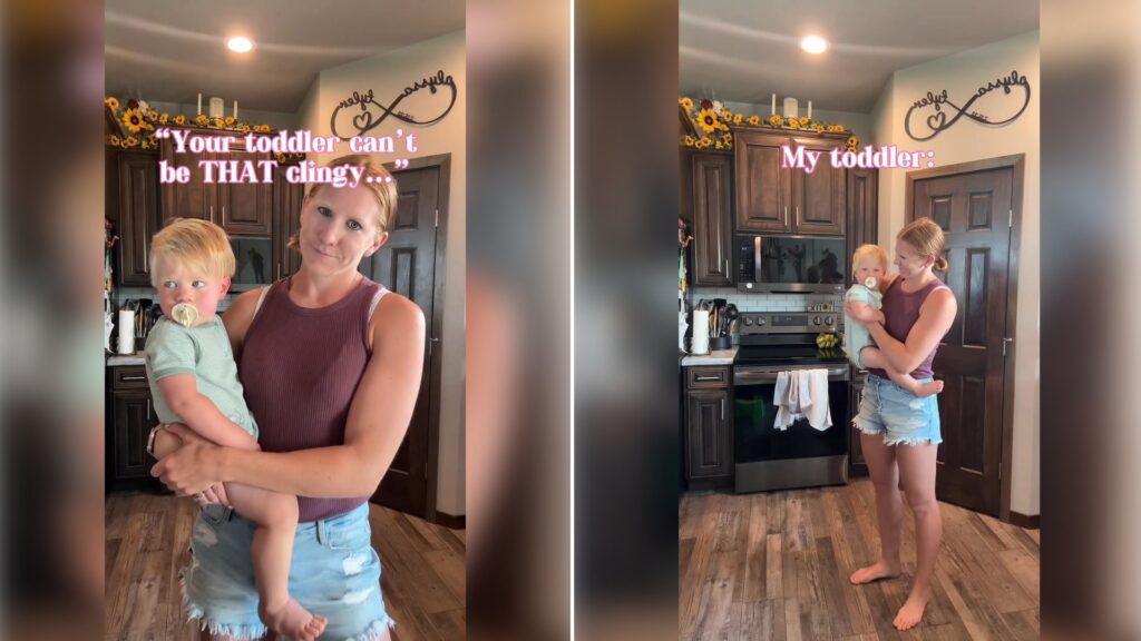 Two moments from an Instagram reel: a toddler dangling off her mom's arm, then the mom bent over with the toddler still clinging.