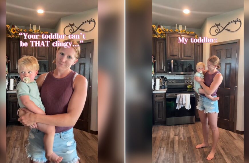 Two moments from an Instagram reel: a toddler dangling off her mom's arm, then the mom bent over with the toddler still clinging.