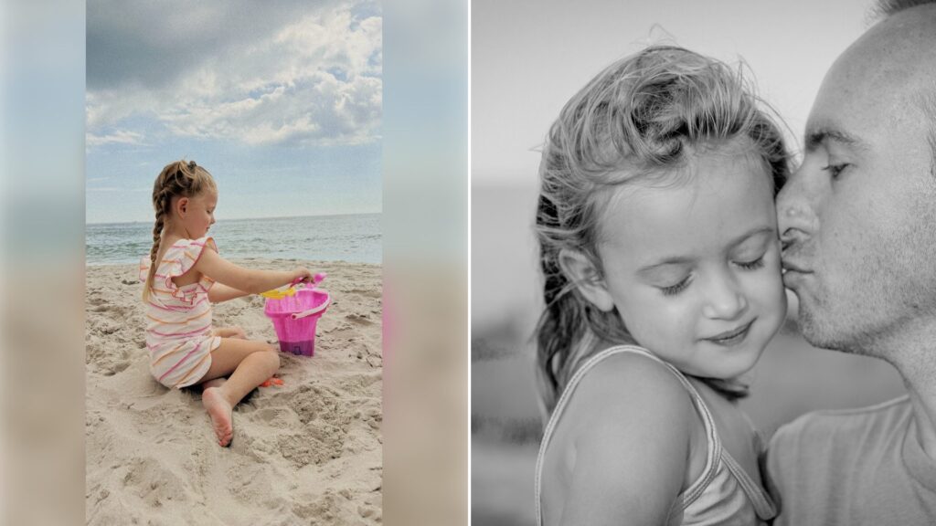 Left: Instagram reel still of a little girl with braids playing with a pink bucket on a beach. Right: a father kissing his young daughter (Unsplash photo by Limor Zellermayer).