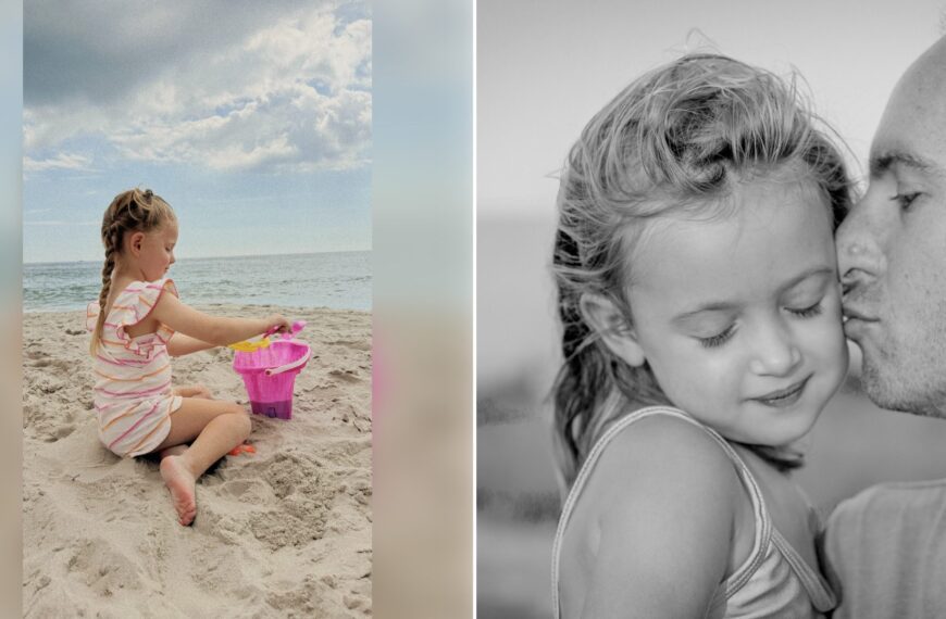 Left: Instagram reel still of a little girl with braids playing with a pink bucket on a beach. Right: a father kissing his young daughter (Unsplash photo by Limor Zellermayer).