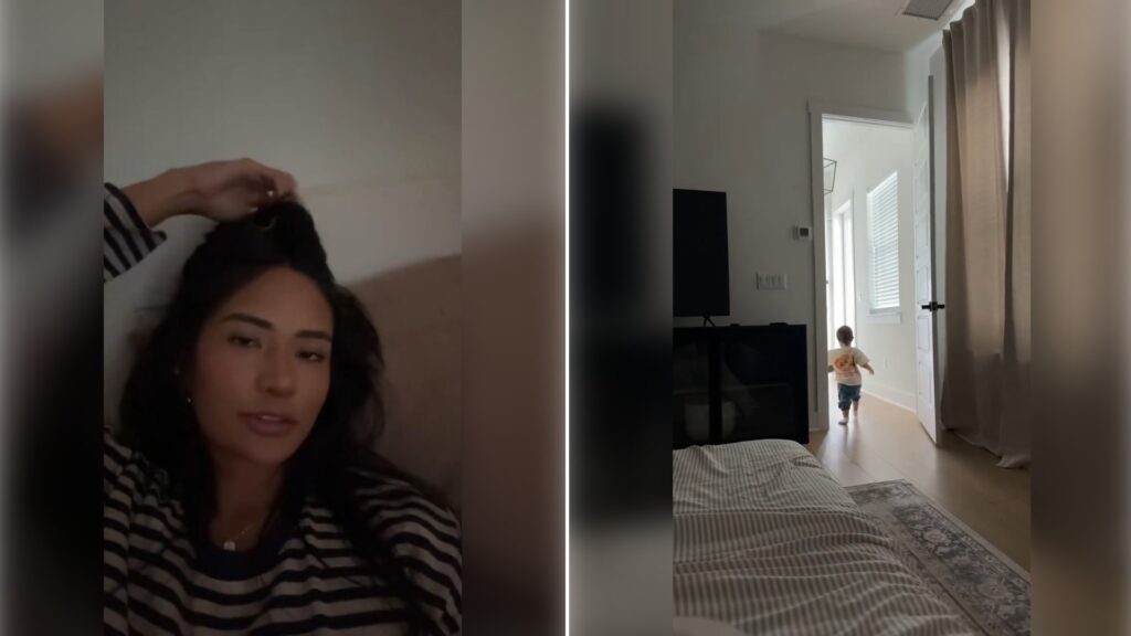 Two moments from an Instagram reel: a mom talking to the camera, then a hallway where a child is walking.