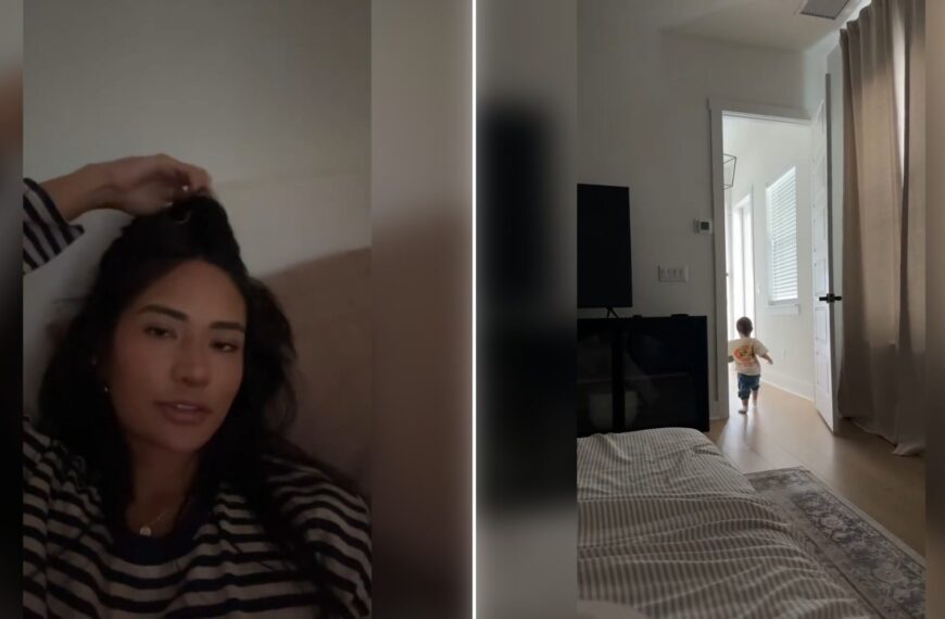 Two moments from an Instagram reel: a mom talking to the camera, then a hallway where a child is walking.