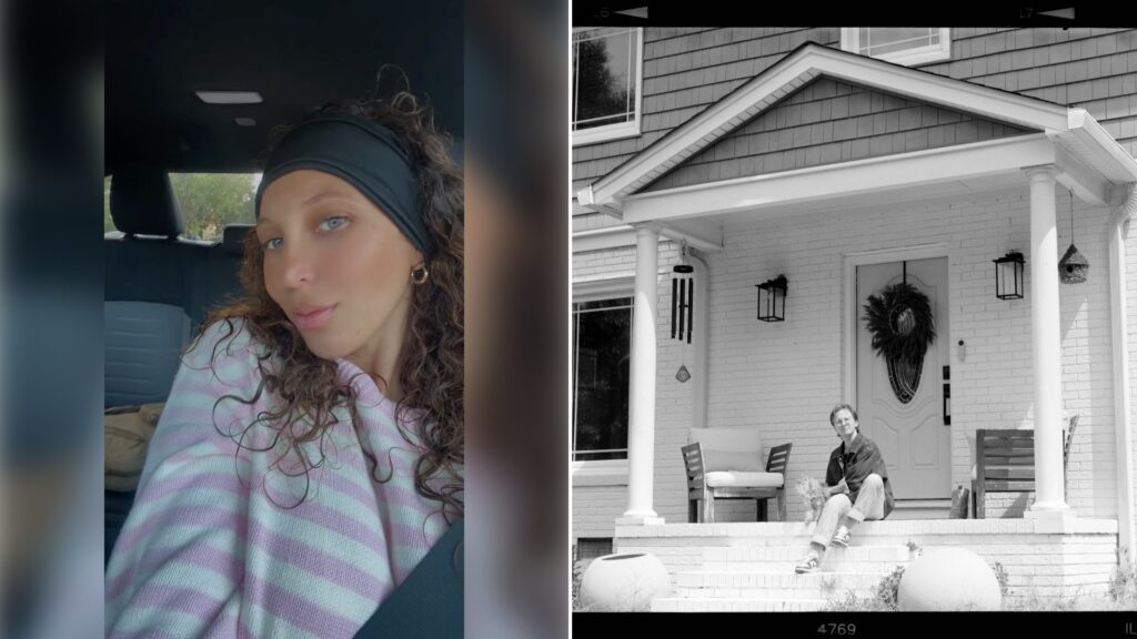 Left: Instagram reel still of a woman in a headband smiling in a car. Right: a person sitting on front porch steps of a house (Unsplash photo by Brooke Balentine).