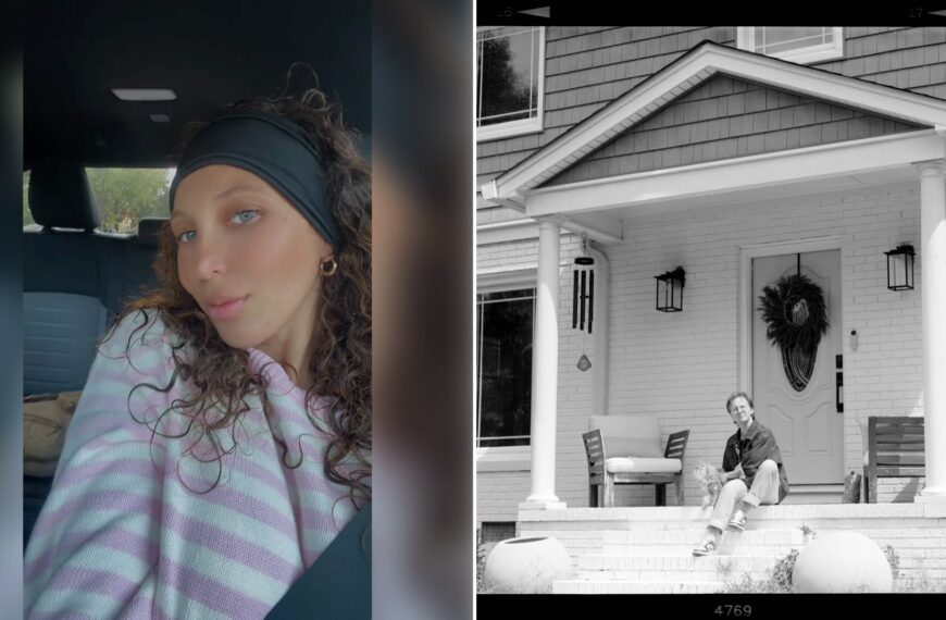 Left: Instagram reel still of a woman in a headband smiling in a car. Right: a person sitting on front porch steps of a house (Unsplash photo by Brooke Balentine).