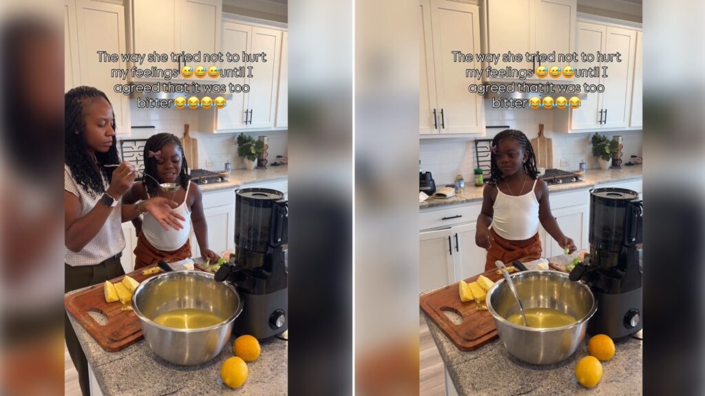 Two moments from an Instagram reel: a little girl at the kitchen counter making juice, then her stirring the juice in a bowl.