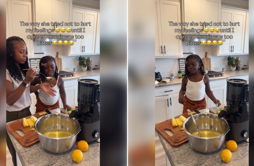 Two moments from an Instagram reel: a little girl at the kitchen counter making juice, then her stirring the juice in a bowl.