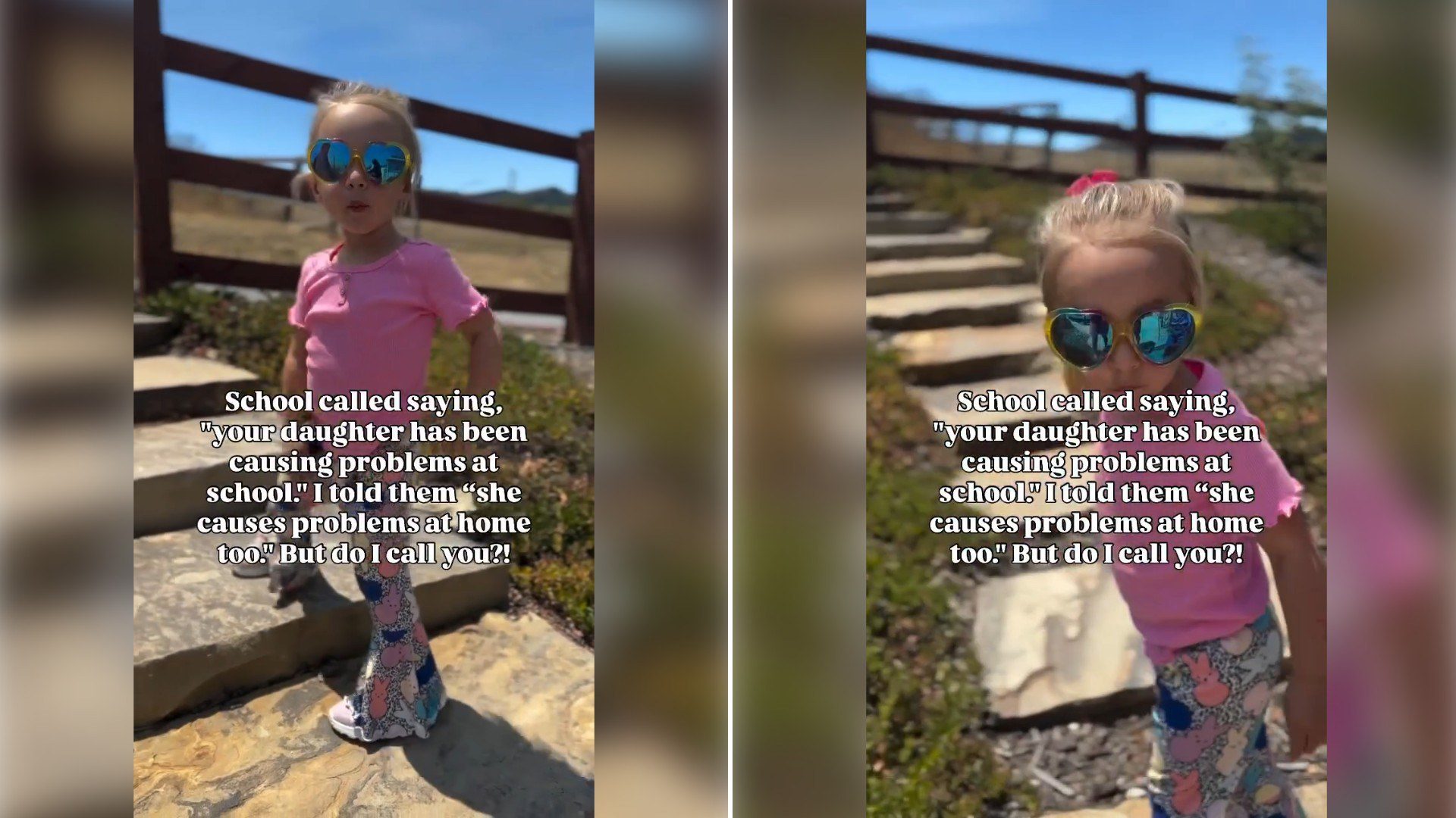 Two moments from an Instagram reel: a toddler in sunglasses outdoors, then her standing on stone steps.