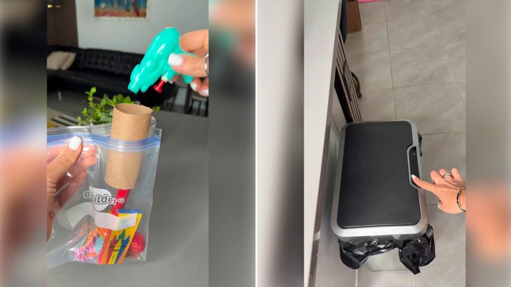 Two moments from an Instagram reel: a hand holding a bag and a toilet paper roll for a safety check, then a hand pointing at a household item.