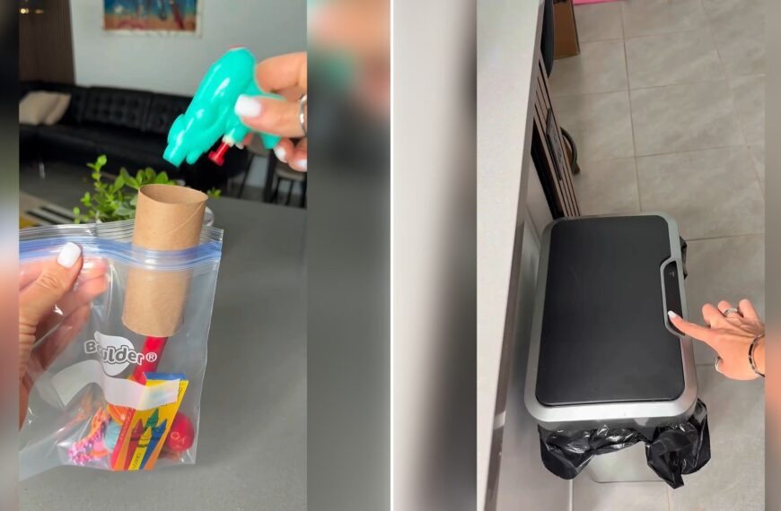 Two moments from an Instagram reel: a hand holding a bag and a toilet paper roll for a safety check, then a hand pointing at a household item.