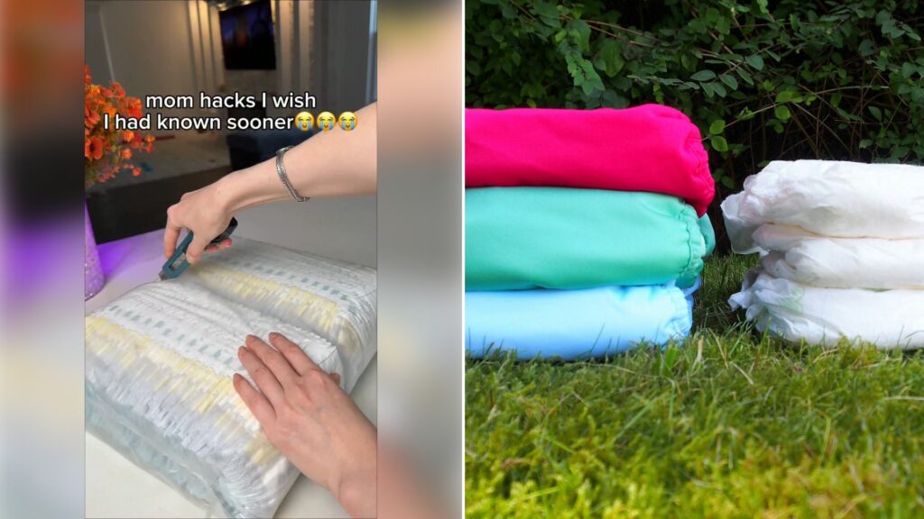 Left: Instagram reel still of hands numbering diapers in a fresh pack. Right: stacks of colorful cloth diapers on grass (Unsplash photo by Šárka Hyková).