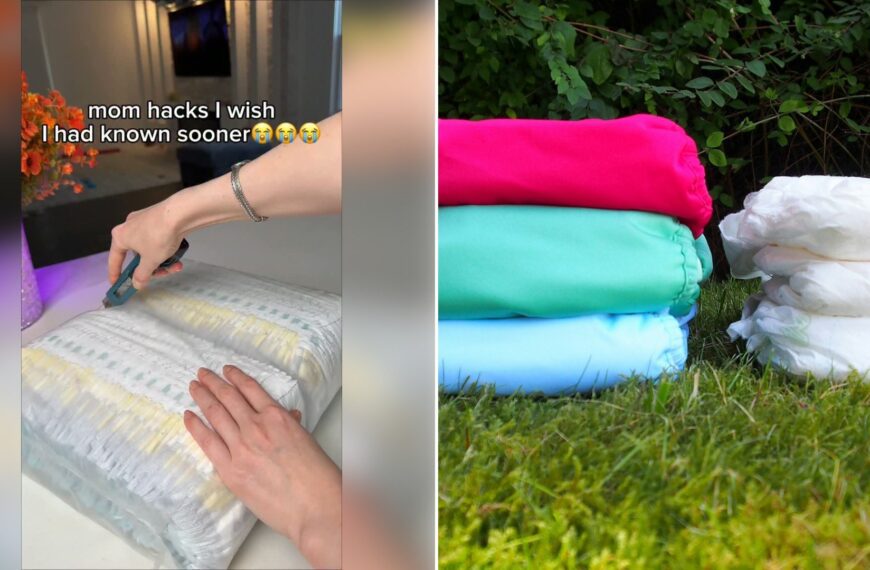Left: Instagram reel still of hands numbering diapers in a fresh pack. Right: stacks of colorful cloth diapers on grass (Unsplash photo by Šárka Hyková).