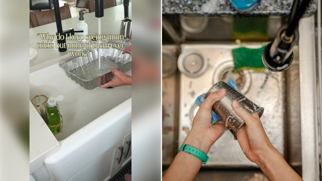 Left: Instagram reel still of a kitchen sink with a dish rack and cleaning supplies. Right: a person cleaning a sink with a rag (Unsplash photo by Laura Ohlman).