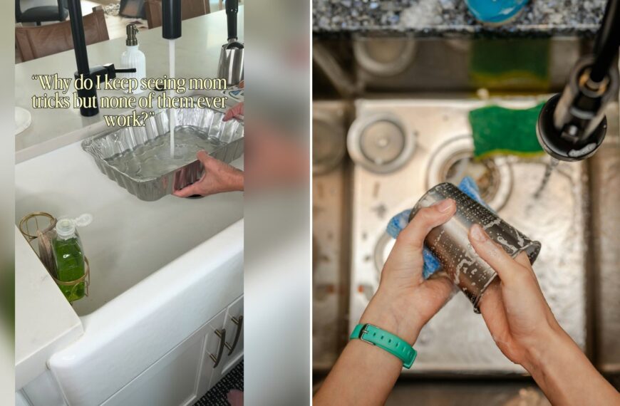 Left: Instagram reel still of a kitchen sink with a dish rack and cleaning supplies. Right: a person cleaning a sink with a rag (Unsplash photo by Laura Ohlman).