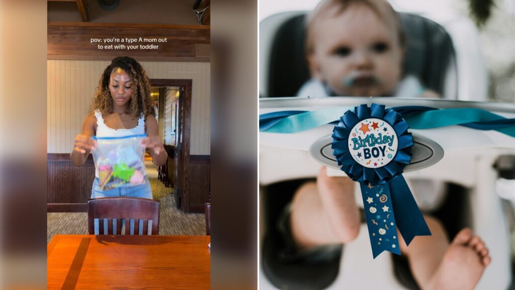 Left: Instagram reel still of a mom unpacking a survival kit onto a table. Right: a baby in a white highchair with a birthday badge (Unsplash photo by Priscilla Du Preez).