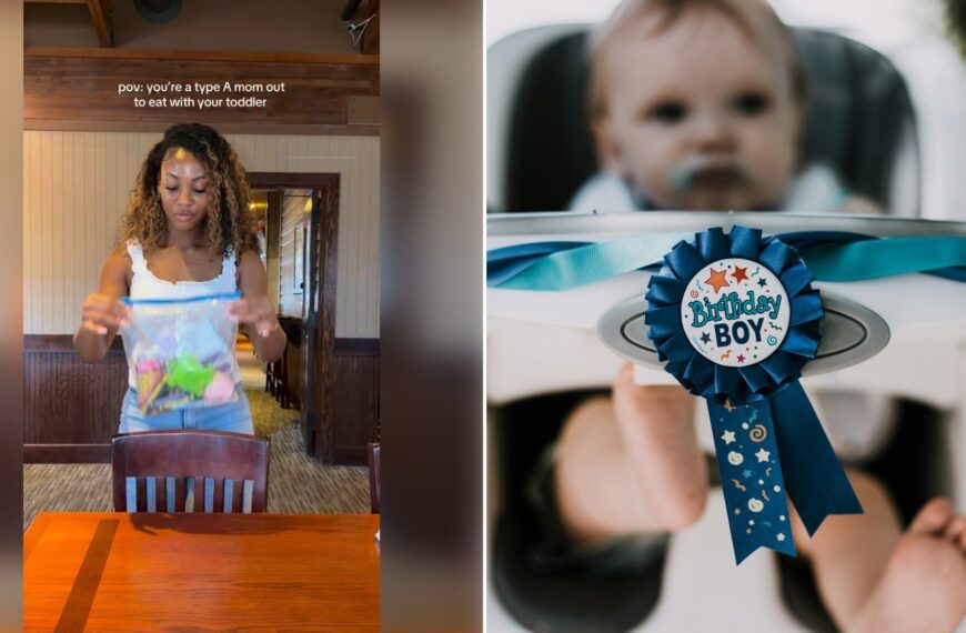 Left: Instagram reel still of a mom unpacking a survival kit onto a table. Right: a baby in a white highchair with a birthday badge (Unsplash photo by Priscilla Du Preez).