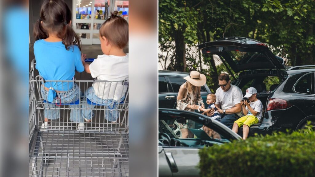 Left: Instagram reel still of two kids sitting in a shopping cart. Right: a family sitting at the open trunk of a car (Unsplash photo by Mateusz Suski).