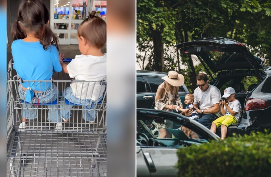 Left: Instagram reel still of two kids sitting in a shopping cart. Right: a family sitting at the open trunk of a car (Unsplash photo by Mateusz Suski).