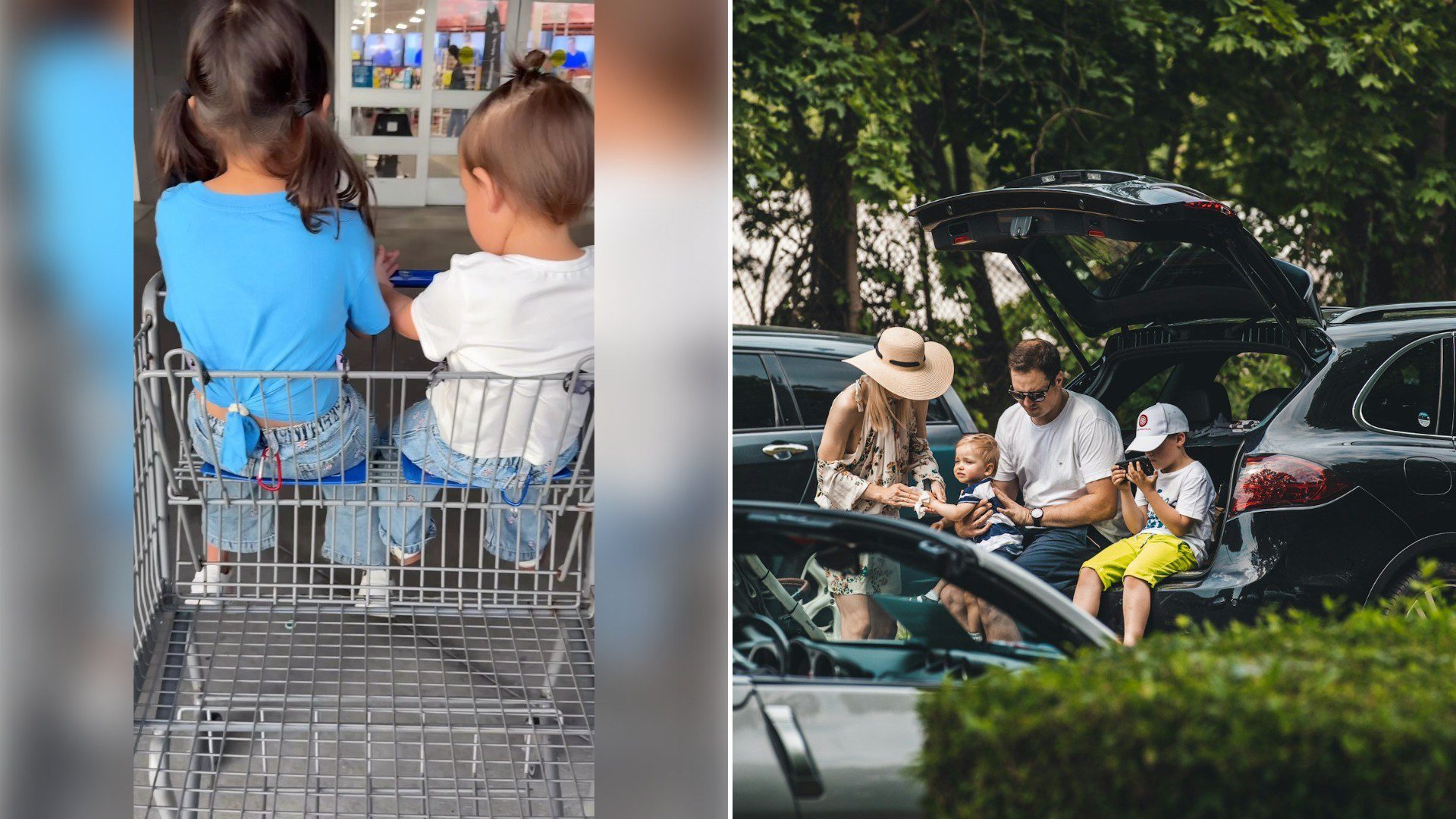 Left: Instagram reel still of two kids sitting in a shopping cart. Right: a family sitting at the open trunk of a car (Unsplash photo by Mateusz Suski).