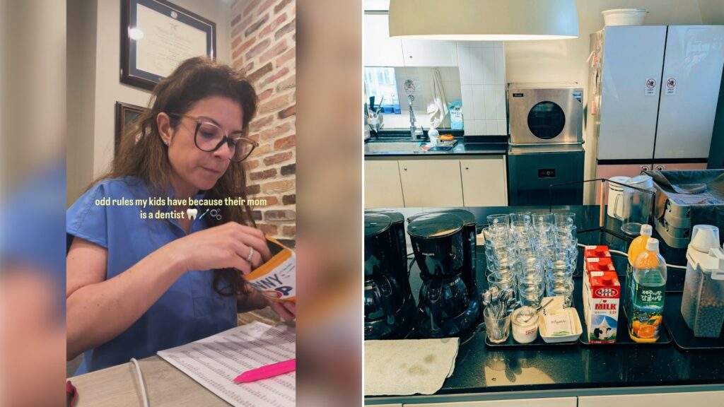 Left: Instagram reel still of a woman in glasses writing at a table. Right: glasses and bottles on a kitchen counter (Unsplash photo by note thanun).
