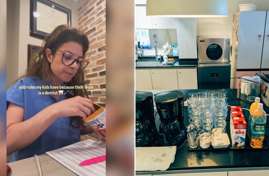 Left: Instagram reel still of a woman in glasses writing at a table. Right: glasses and bottles on a kitchen counter (Unsplash photo by note thanun).
