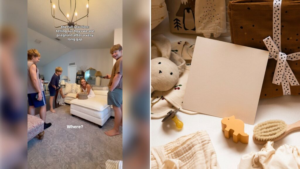 Left: Instagram reel still of kids gathered in a living room. Right: baby items and a blank card on a table (Unsplash photo by elliot verhaeren).