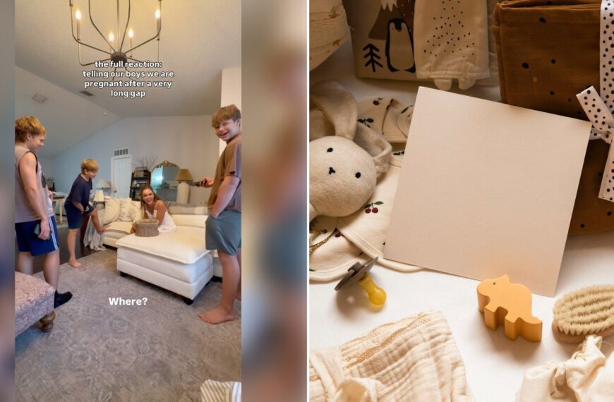 Left: Instagram reel still of kids gathered in a living room. Right: baby items and a blank card on a table (Unsplash photo by elliot verhaeren).
