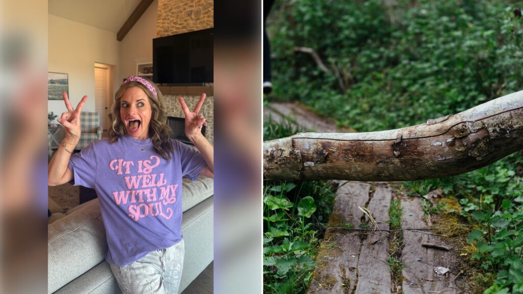 Left: Instagram reel still of a smiling woman in a purple shirt making peace signs. Right: a person walking over a fallen log on a forest path (Unsplash photo by Phil Hearing).