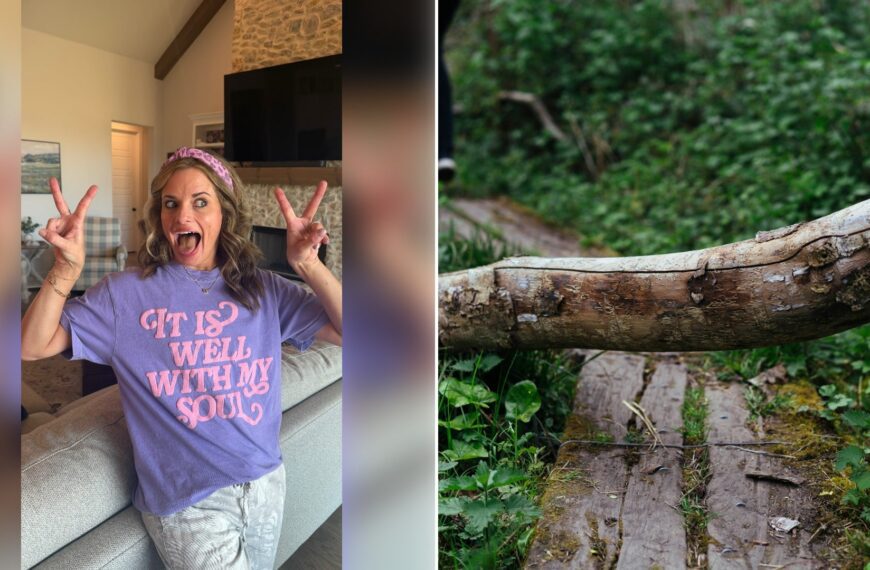Left: Instagram reel still of a smiling woman in a purple shirt making peace signs. Right: a person walking over a fallen log on a forest path (Unsplash photo by Phil Hearing).