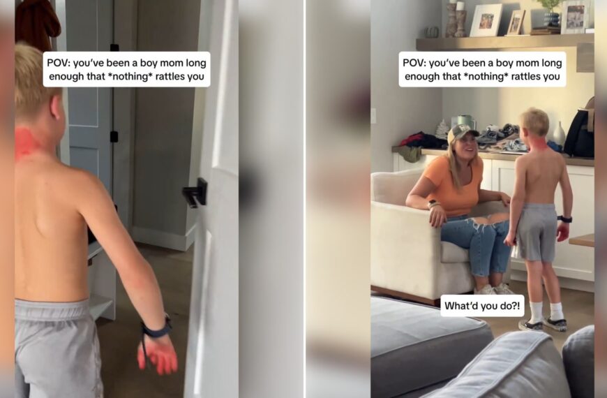 Two moments from an Instagram reel: a boy walking past with a marker smear, then him standing in front of his mom on the couch.