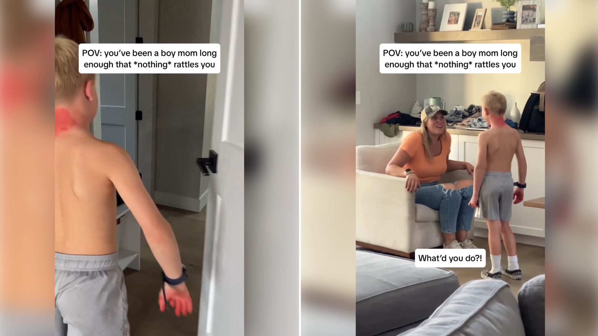 Two moments from an Instagram reel: a boy walking past with a marker smear, then him standing in front of his mom on the couch.