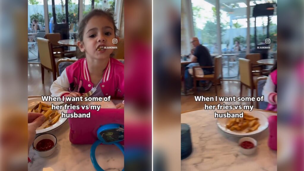 Two moments from an Instagram reel: a little girl at dinner with fries, then a man seated at the table behind the plate of fries.