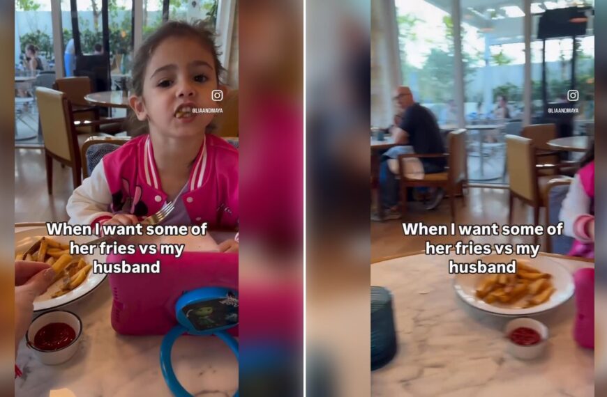Two moments from an Instagram reel: a little girl at dinner with fries, then a man seated at the table behind the plate of fries.