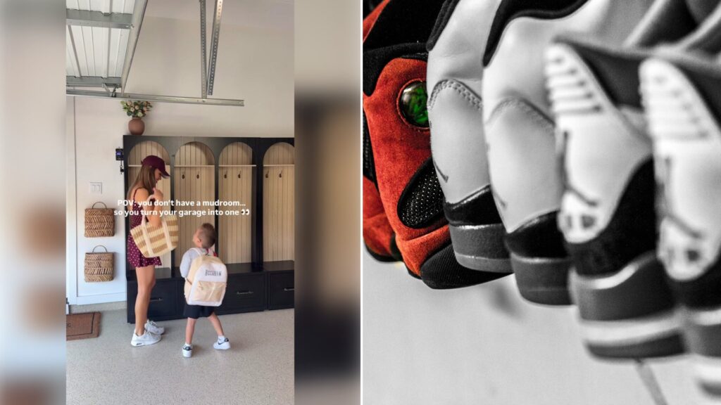 Left: TikTok still of a mom and child in a garage mudroom with lockers. Right: a row of sneakers (Unsplash photo by Hermes Rivera).