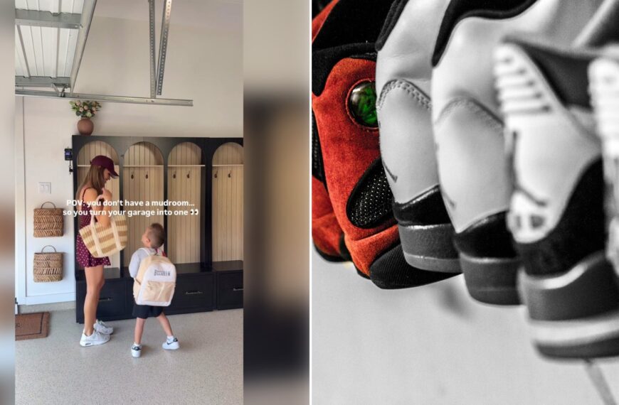 Left: TikTok still of a mom and child in a garage mudroom with lockers. Right: a row of sneakers (Unsplash photo by Hermes Rivera).