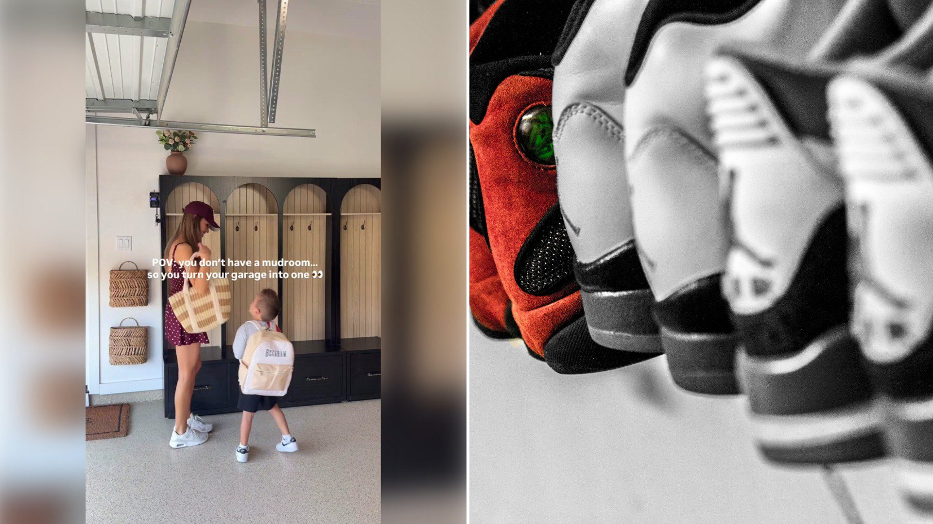 Left: TikTok still of a mom and child in a garage mudroom with lockers. Right: a row of sneakers (Unsplash photo by Hermes Rivera).