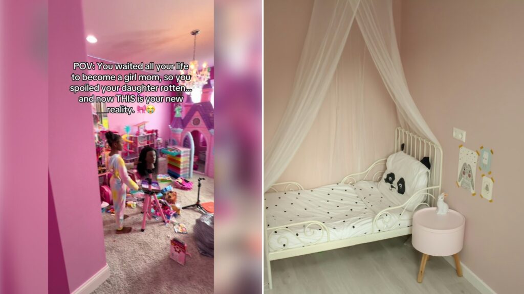 Left: TikTok still of two kids playing in a pink, toy-filled bedroom. Right: a toddler bed with a mesh canopy (Unsplash photo by Sven Brandsma).