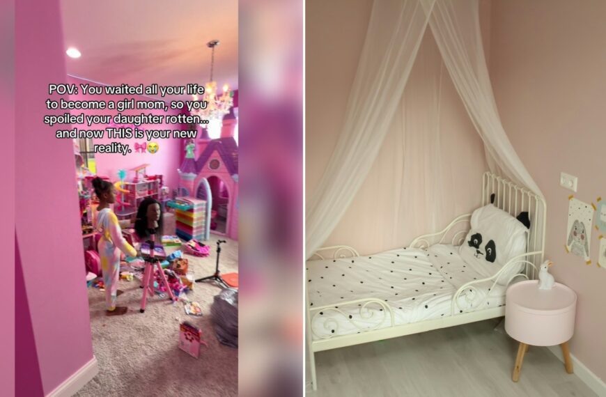 Left: TikTok still of two kids playing in a pink, toy-filled bedroom. Right: a toddler bed with a mesh canopy (Unsplash photo by Sven Brandsma).