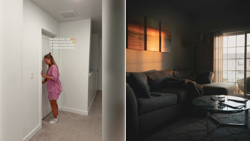 Left: TikTok still of a woman in pink standing by a hallway wall. Right: a living room with a dark sofa (Unsplash photo by Christian Lambert).