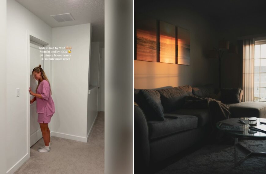 Left: TikTok still of a woman in pink standing by a hallway wall. Right: a living room with a dark sofa (Unsplash photo by Christian Lambert).