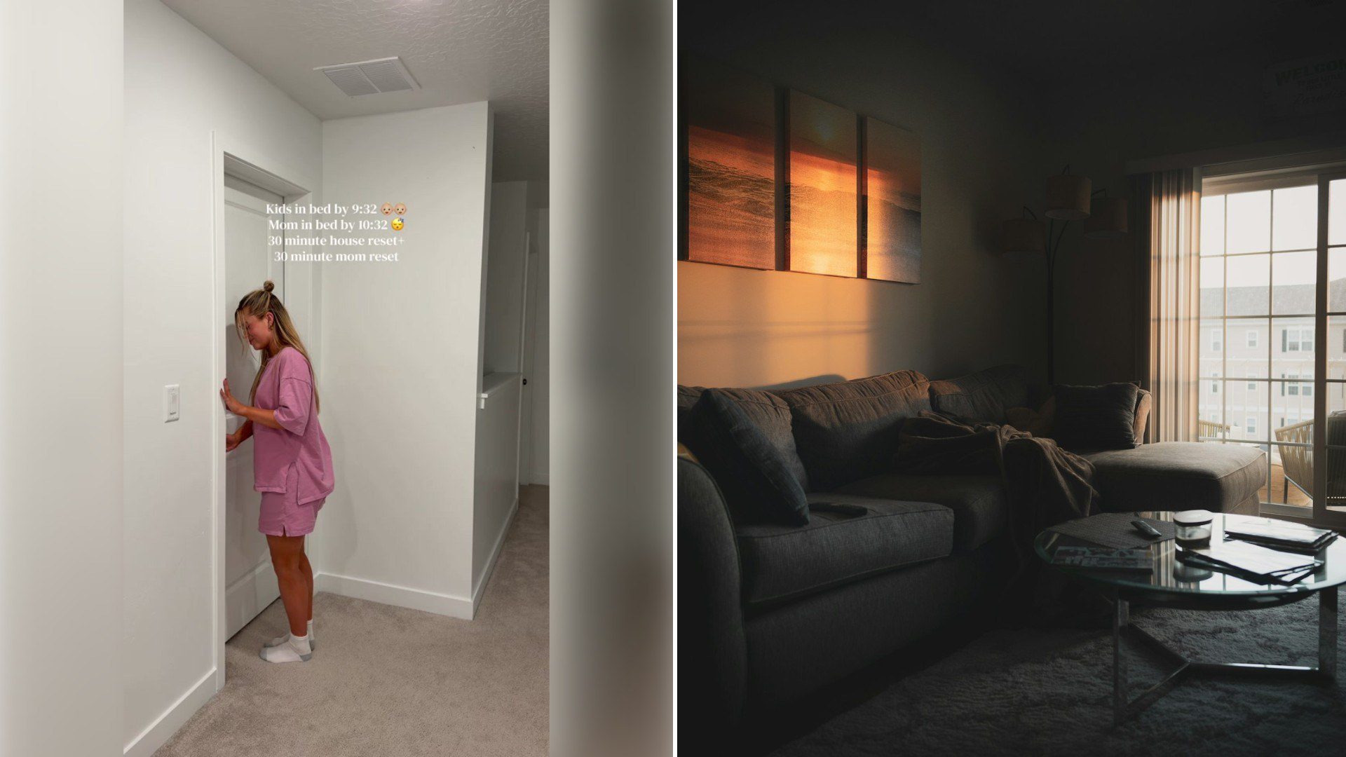 Left: TikTok still of a woman in pink standing by a hallway wall. Right: a living room with a dark sofa (Unsplash photo by Christian Lambert).