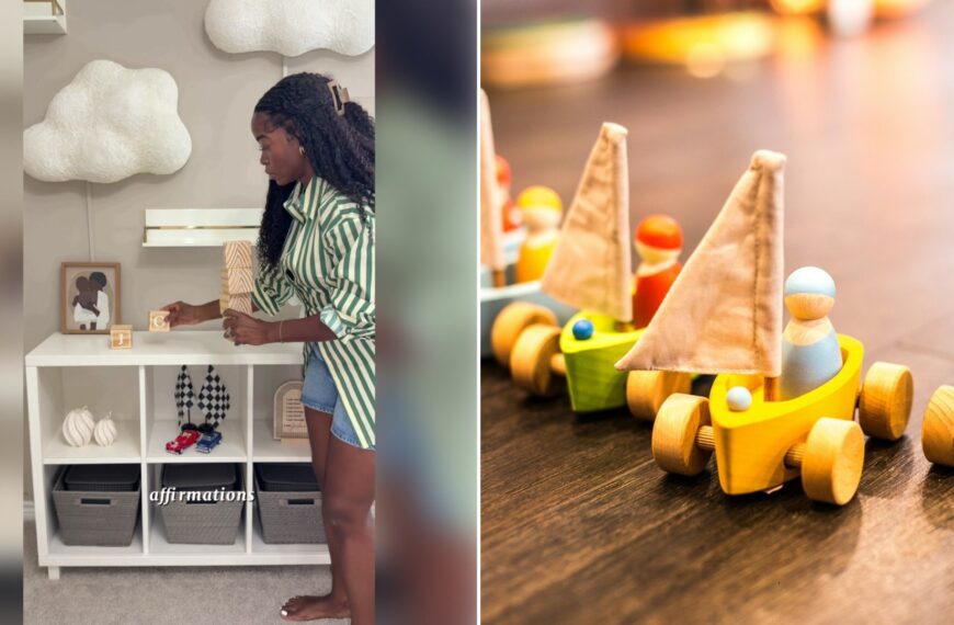 Left: TikTok still of a woman beside a white cube shelf in a nursery with cloud decor. Right: wooden toy cars (Unsplash photo by Baby Natur).