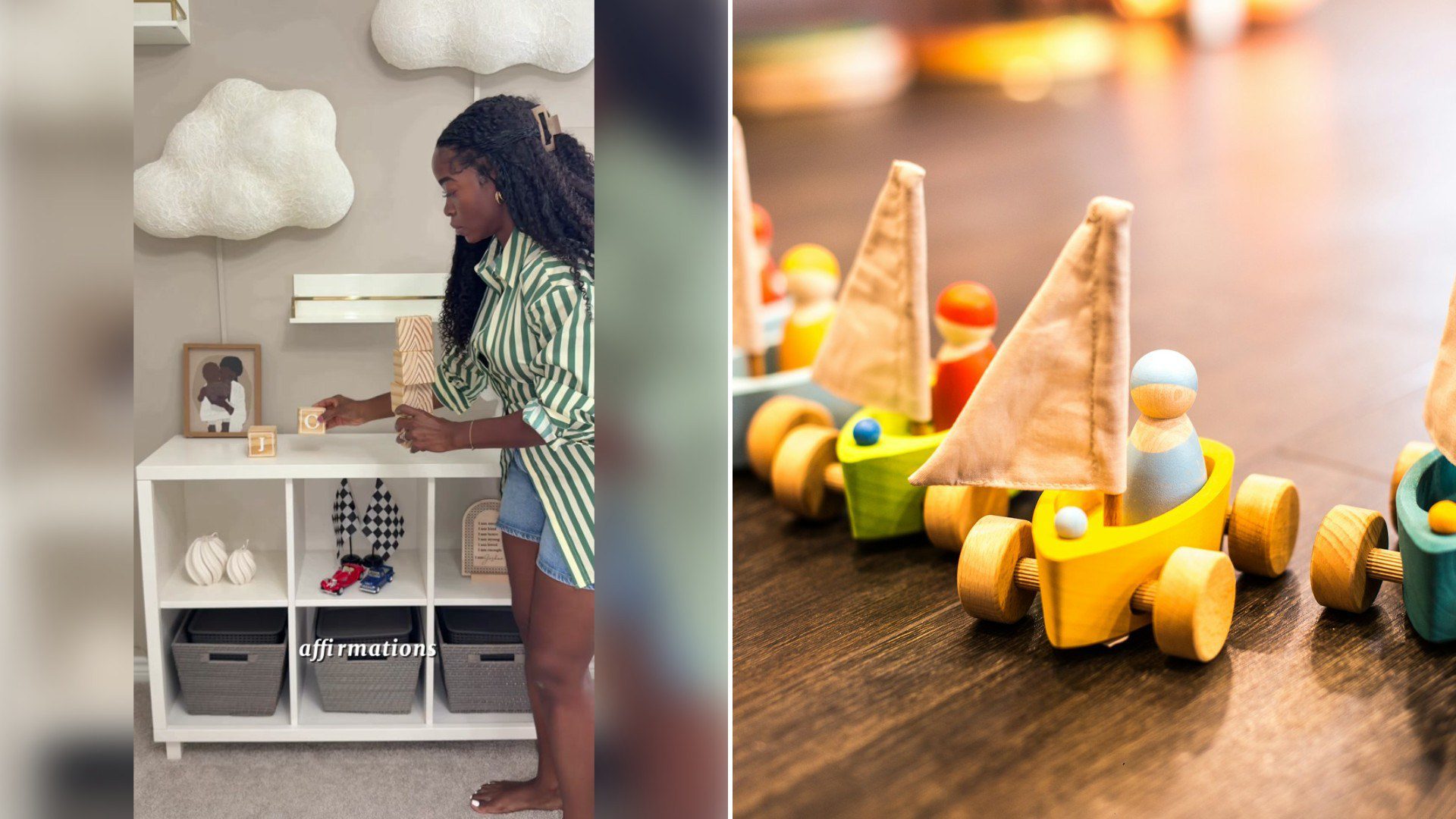 Left: TikTok still of a woman beside a white cube shelf in a nursery with cloud decor. Right: wooden toy cars (Unsplash photo by Baby Natur).