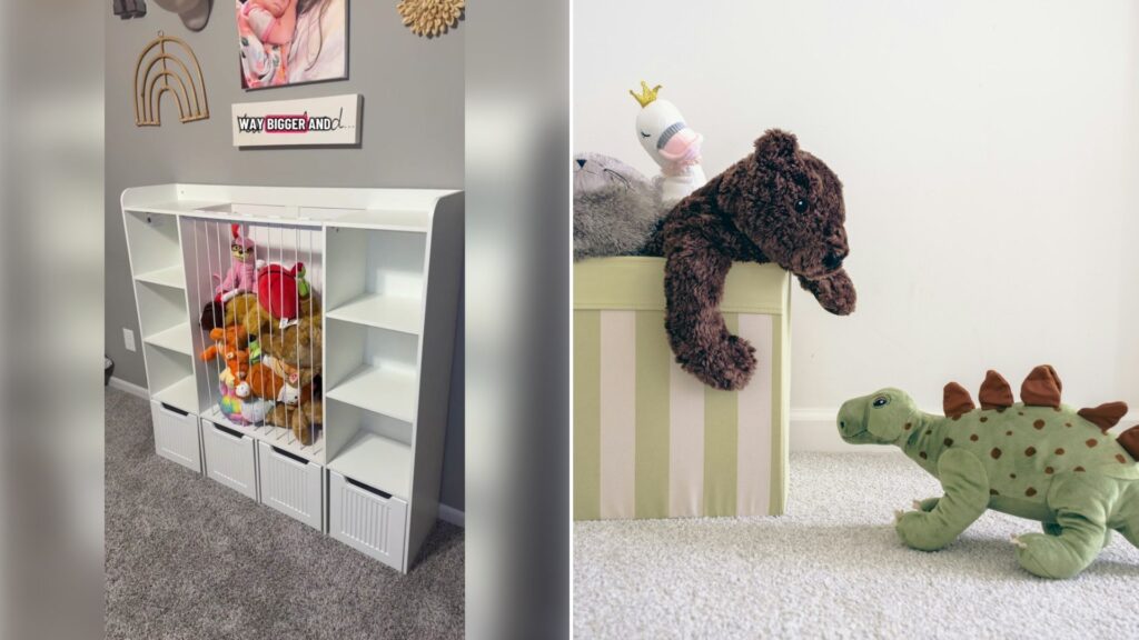 Left: TikTok still of a white cube shelf filled with stuffed animals. Right: two stuffed animals on a box (Unsplash photo by Nellie Adamyan).