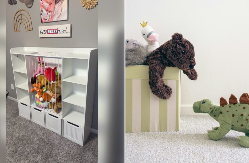 Left: TikTok still of a white cube shelf filled with stuffed animals. Right: two stuffed animals on a box (Unsplash photo by Nellie Adamyan).
