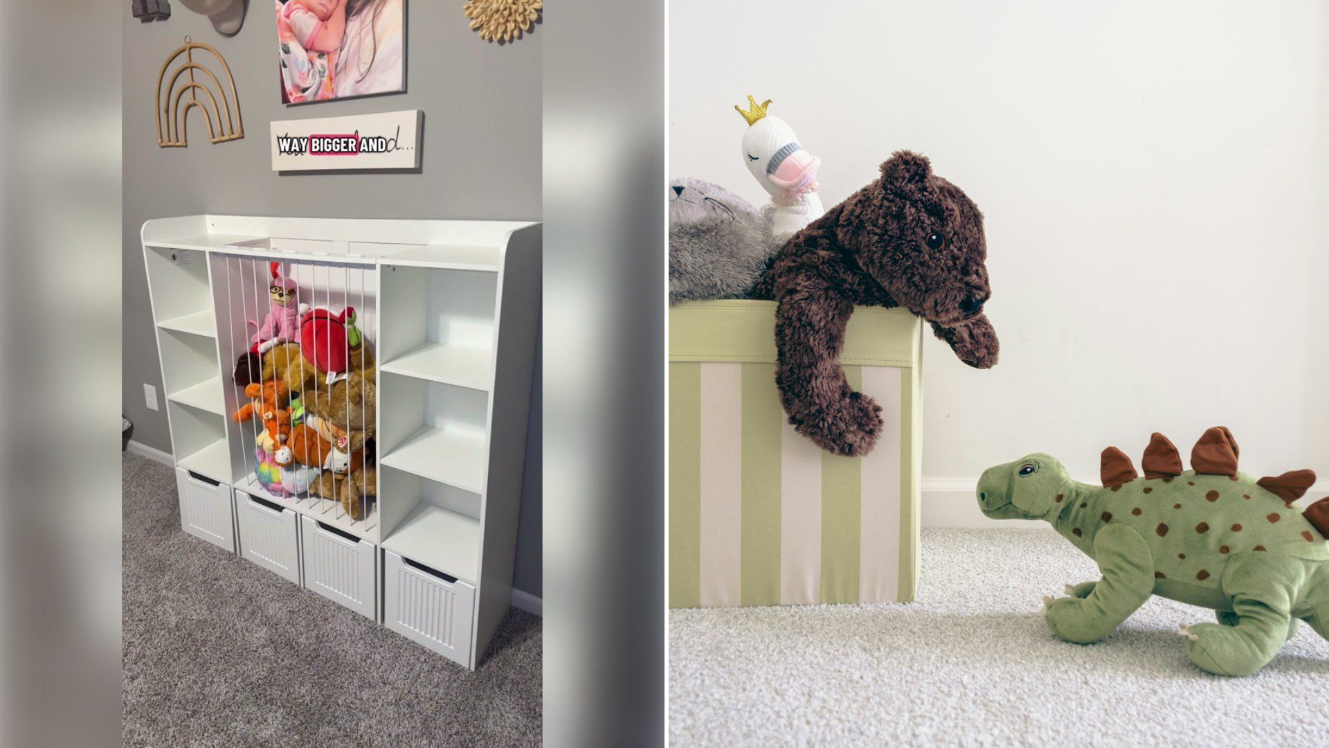 Left: TikTok still of a white cube shelf filled with stuffed animals. Right: two stuffed animals on a box (Unsplash photo by Nellie Adamyan).