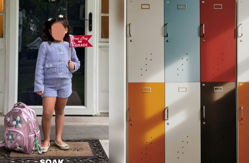 Split image: a first-grader with her face blurred by the creator poses on a doormat in a blue tweed jacket and shorts with a pink backpack and a 'First Day of 1st Grade' sign, next to a wall of pastel-colored school lockers