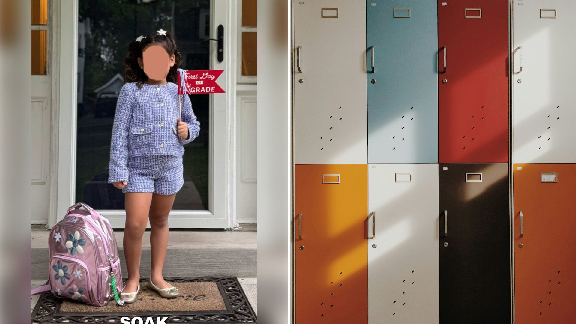 Split image: a first-grader with her face blurred by the creator poses on a doormat in a blue tweed jacket and shorts with a pink backpack and a 'First Day of 1st Grade' sign, next to a wall of pastel-colored school lockers